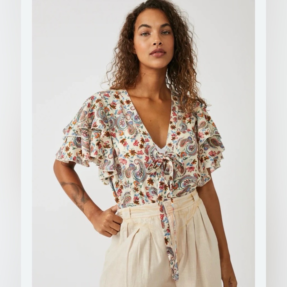 Intimately Free People Bodysuit Call Me Later Paisley Print Tie V Neck Small NWT